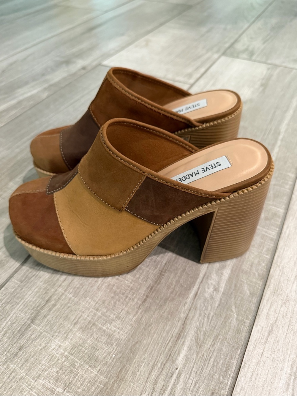 Steve Madden Patchwork Suede Mules in Multi Brown Tones - Picture 3 of 6